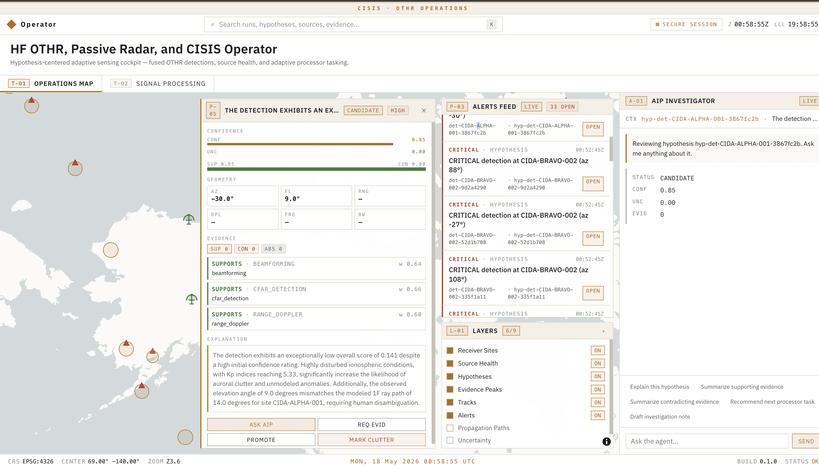 CISIS operator console: HF OTHR map view with hypothesis panel, live alerts feed, and AIP investigator.