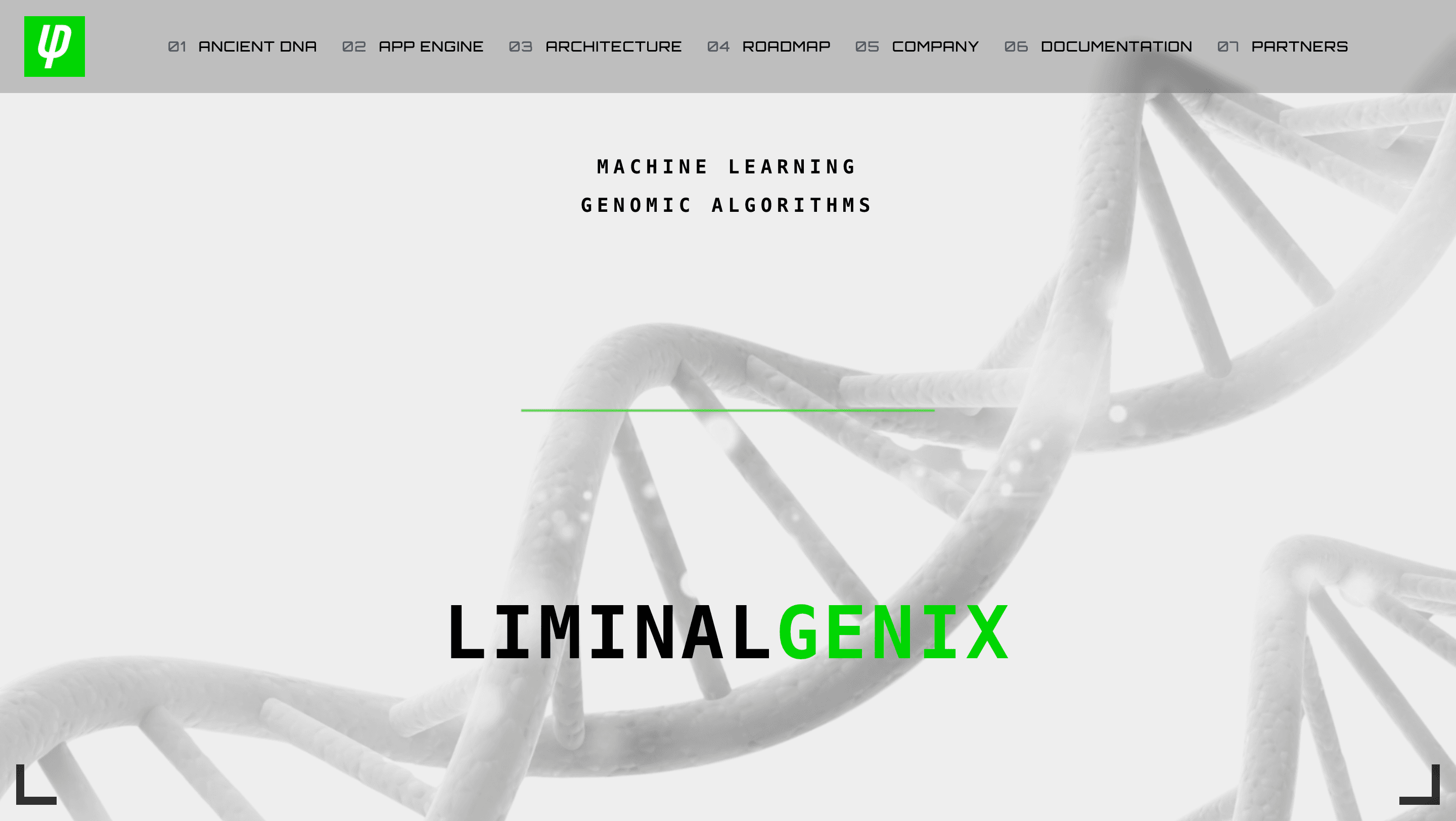 LiminalGenix landing page: 'Machine Learning Genomic Algorithms' over a faint DNA double-helix.